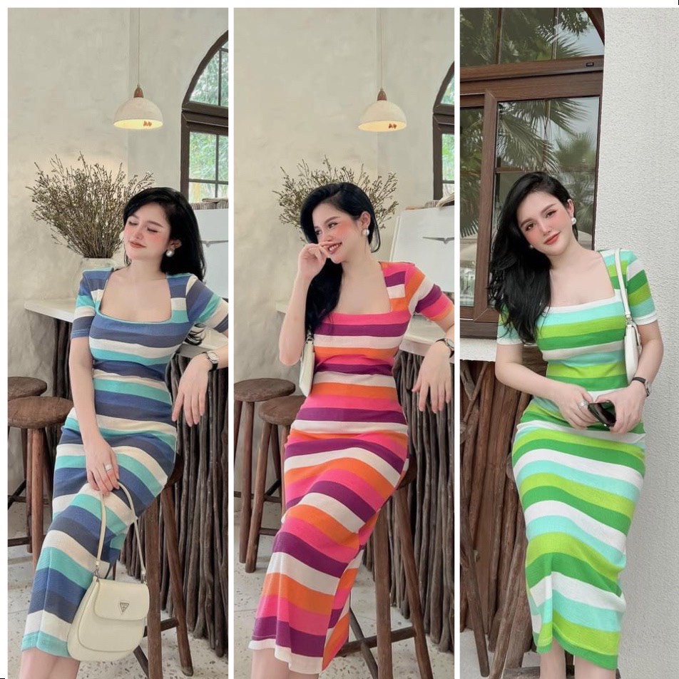 Đầm Body Sọc Ngang Cổ Vuông Thun Lạnh