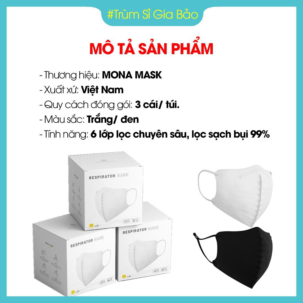 Khẩu trang mona mask N95 6 lớp set 3 chiếc , khẩu trang y tế 3d ngăn ngừa 99% bụi siêu mịn từ 0,3 micromet