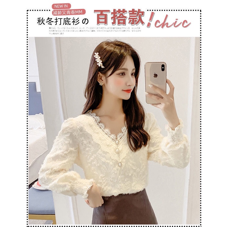 Áo sơ mi tay dài phối ren hoa phong cách thu đông thời trang cho nữ
