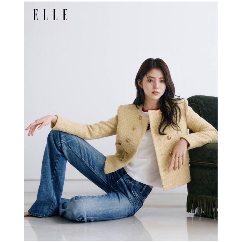 Áo khoác blazer vải tweed màu vàng giống Lisa BLACKPINK