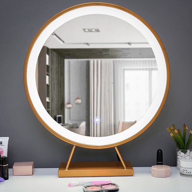 Gương tròn để bàn có LED cảm ứng, khung kim loại để bàn trang điểm, salon, spa, nhiều màu sắc và kích thước.