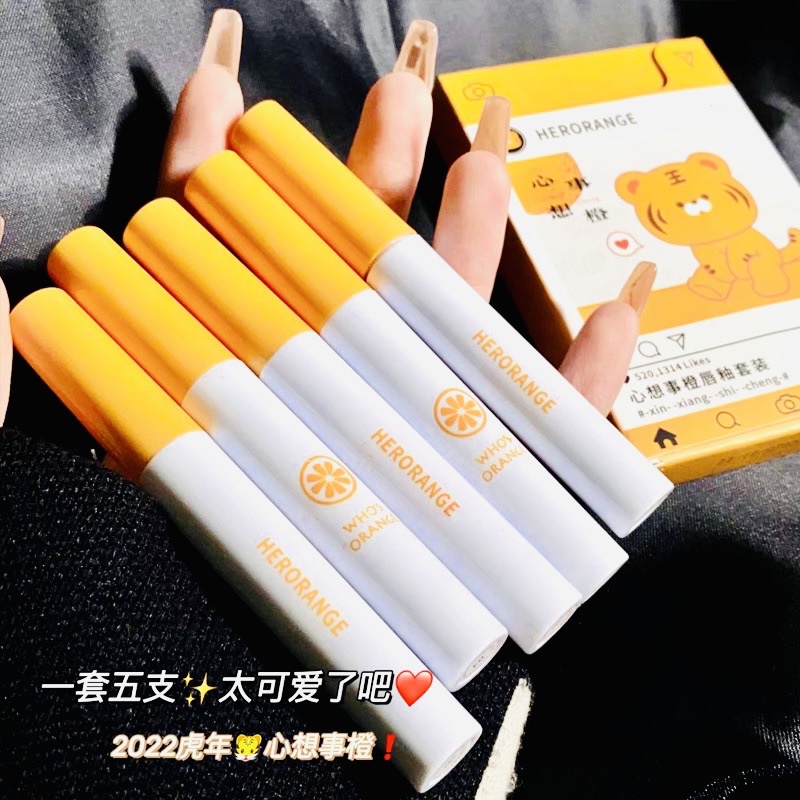 Set Son Kem Lì 5 Cây Cọp Vàng HERORANGE Mẫu Mới Bộ Son Kem Nhung Siêu Lì Không Trôi Không Lem Son Tráng Gương Căng Mọng