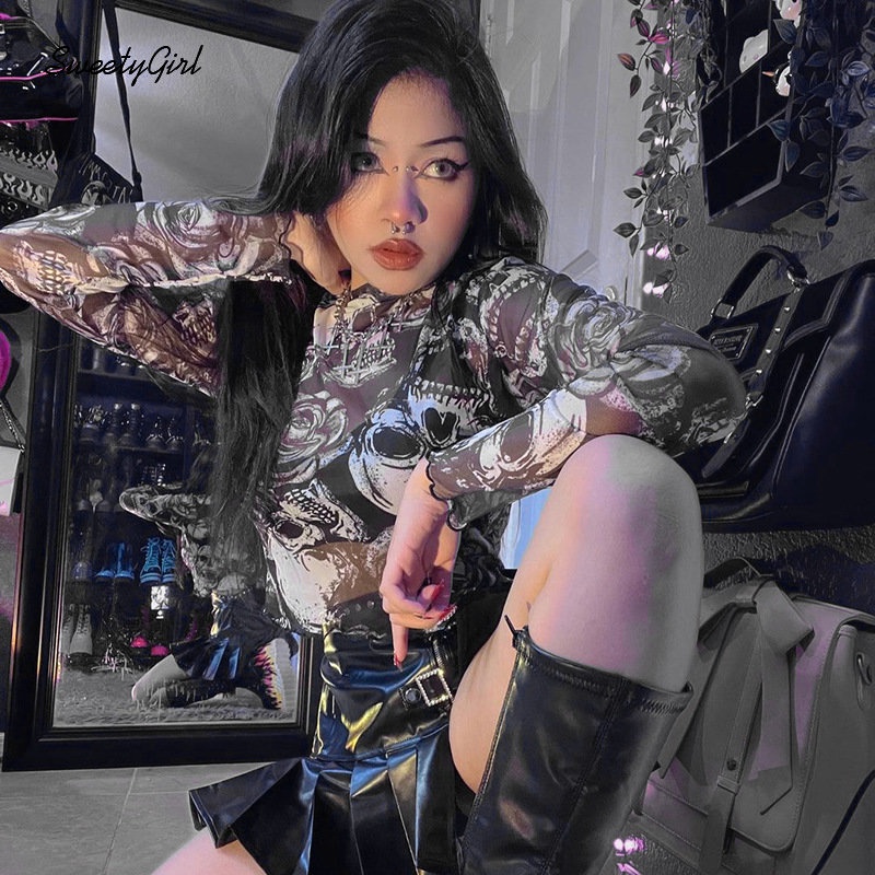 MsMona Áo Thun Tay Dài Cổ Tròn In Hình Xương Phối Màu Tương Phản Thời Trang 2022 Dành Cho Nữ Y2k