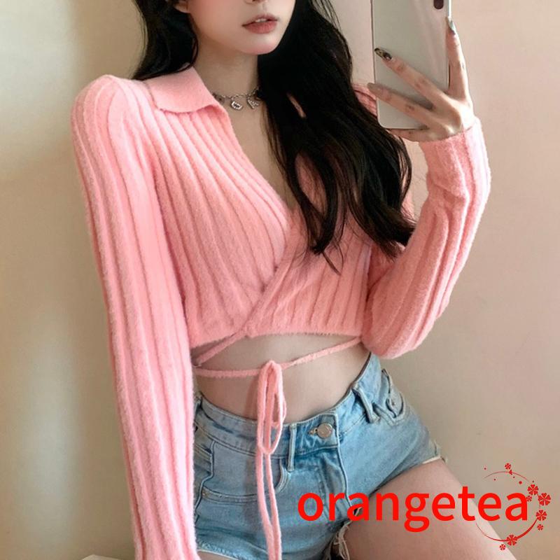Áo Croptop Dệt Kim Tay Dài Cổ Chữ V Màu Sắc Quyến Rũ Cho Nữ