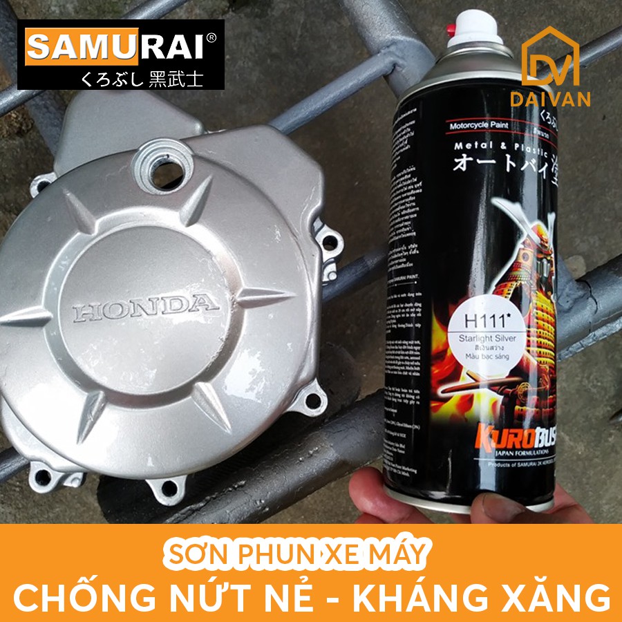 COMBO 4 chai sơn Samurai LÓT-NỀN-MÀU-BÓNG màu bạc H111* dành cho lốc máy xe dream Việt