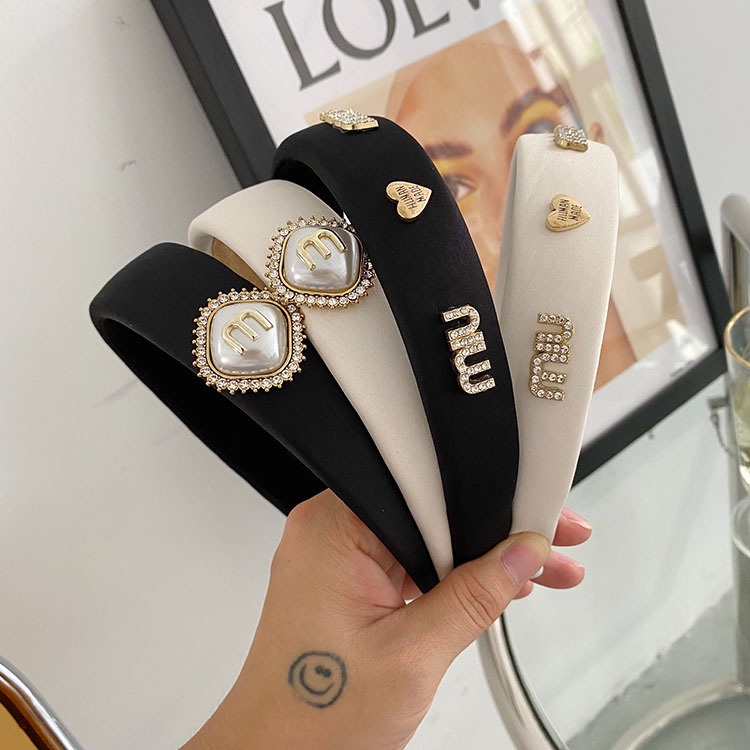 Băng đô xốp bản rộng đính đá ngọc trai giả kiểu Hàn Quốc dễ thương dành cho nữ