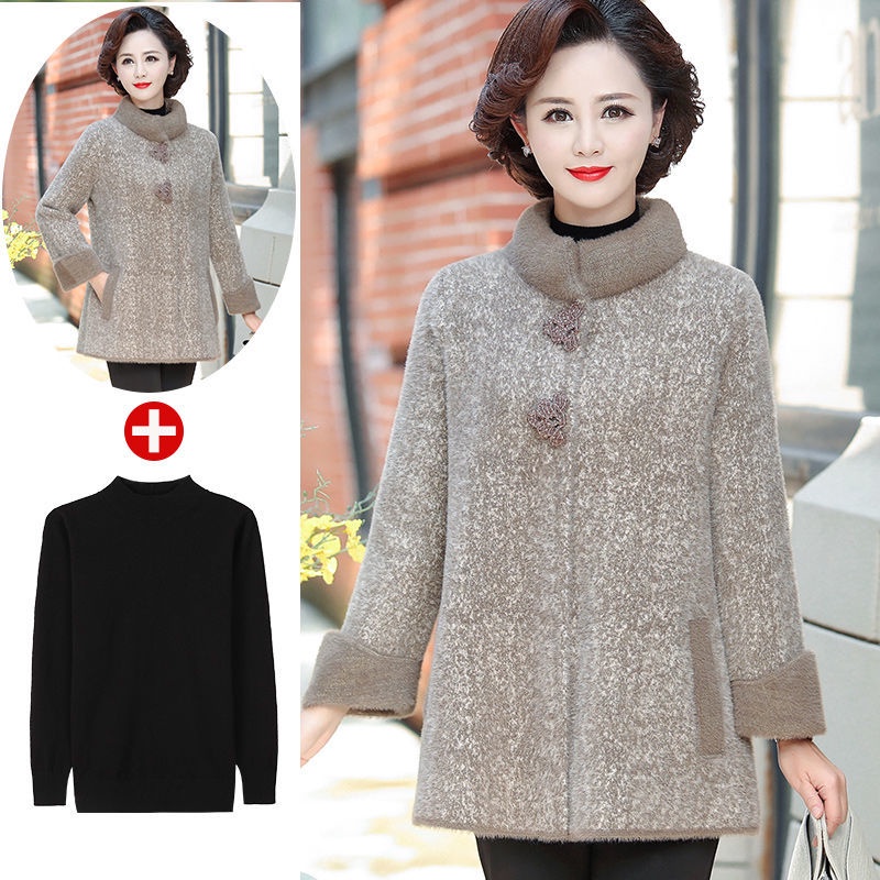 Mẹ dày ấm áp mùa đông áo khoác nhung lông chồn phong cách phương Tây áo khoác len quý phái của phụ nữ trung niên và cao