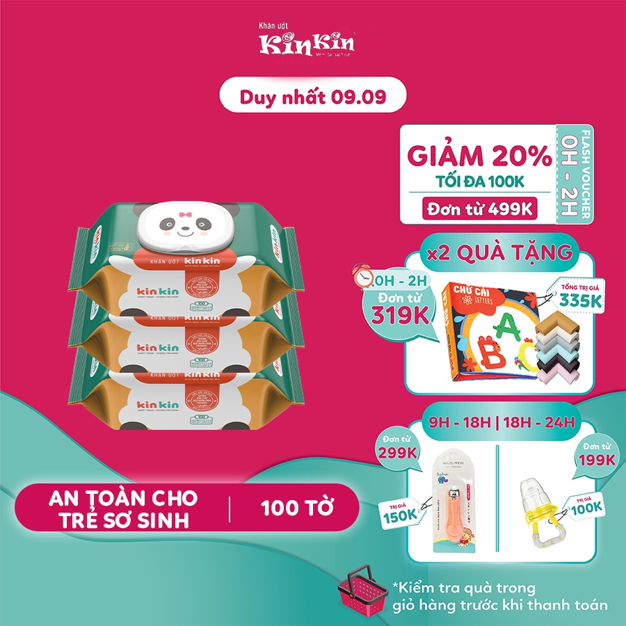 Khăn ướt cho bé chăm sóc da Kin Kin có nắp 100 tờ/gói - Combo 3 gói