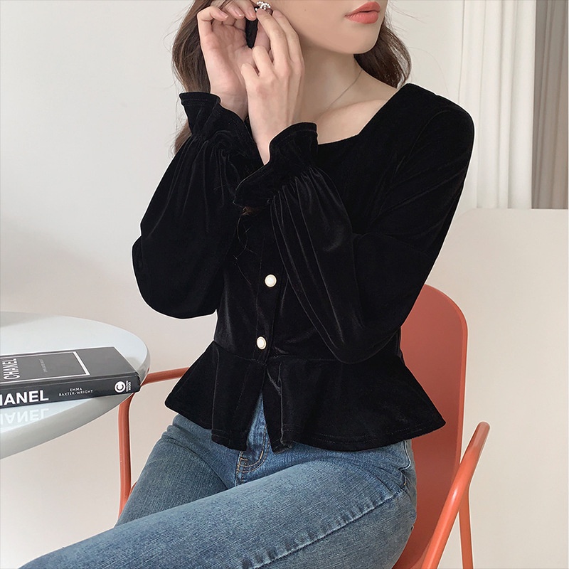Áo kiểu nữ IELGY vải nhung vàng cổ vuông màu đen phong cách Pháp retro dễ phối đồ
