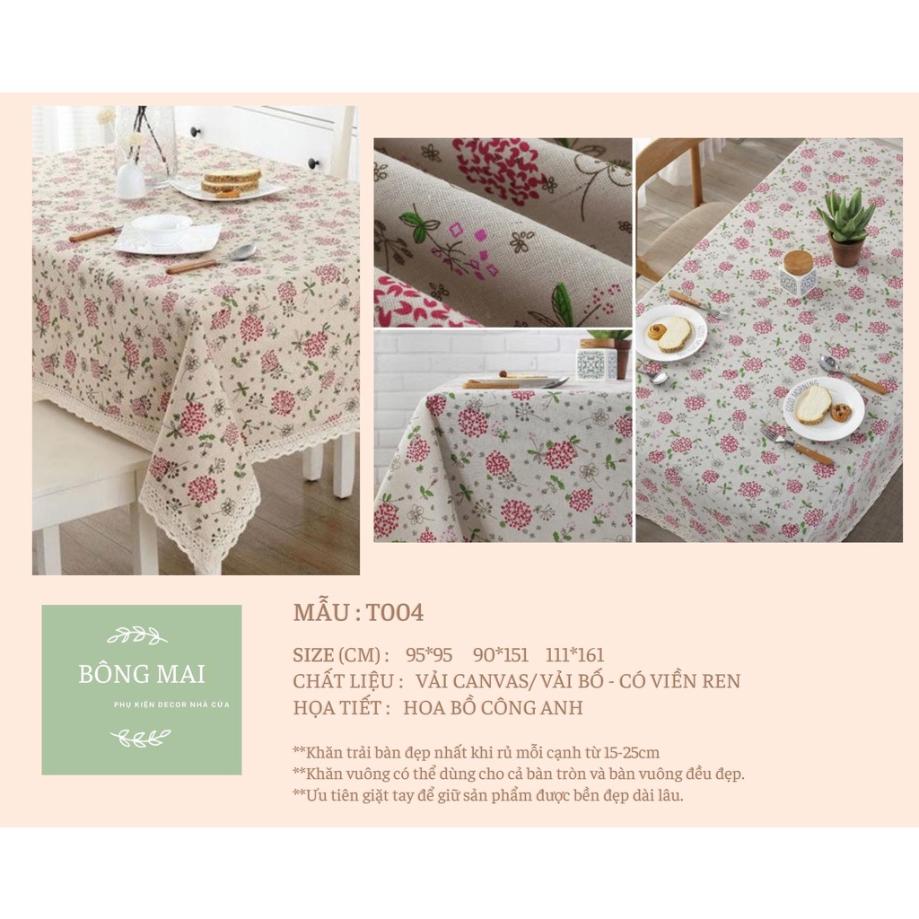 [110*160cm] Khăn trải bàn vải canvas VIỀN REN họa tiết BỒ CÔNG ANH phong cách Nhật Bản nhẹ nhàng vintage [T004]