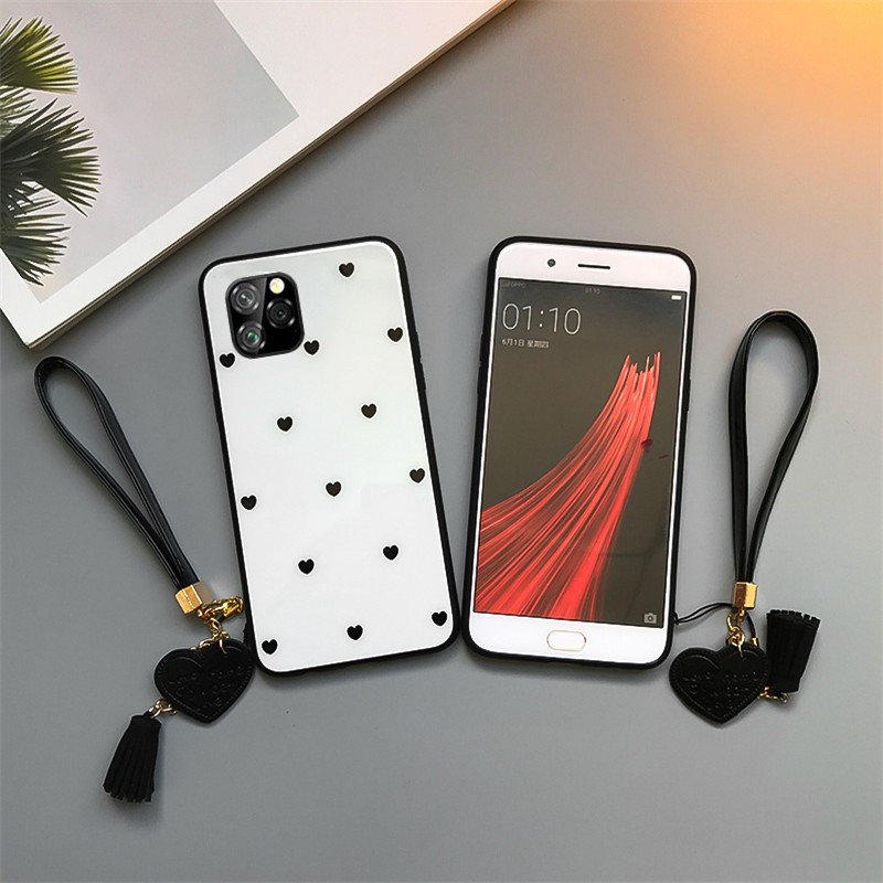 Ốp Điện Thoại Kính Cường Lực Cứng Họa Tiết Trái Tim Nhỏ Có Dây Đeo Cho Iphone 12 Mini Pro Max