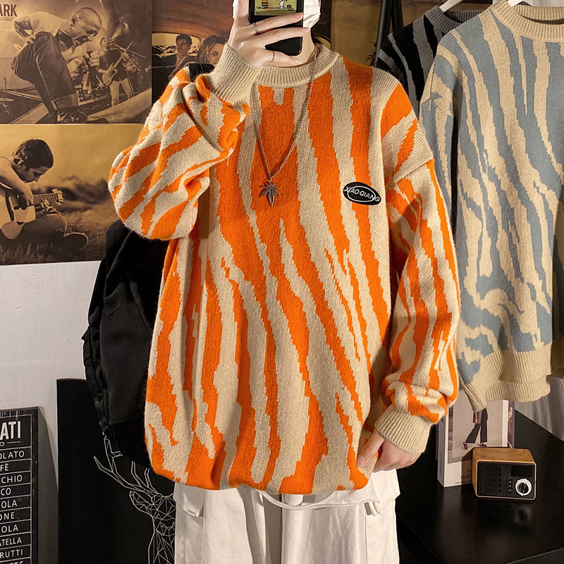 Áo sweater kiểu dệt kim cổ tròn họa tiết sọc da ngựa vằn thời trang thu đông dành cho nam và nữ