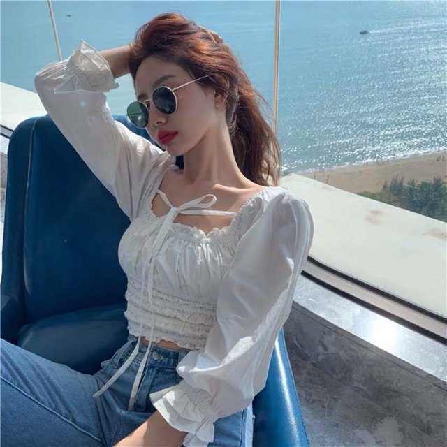 Áo trắng chun bo tay bồng fresz