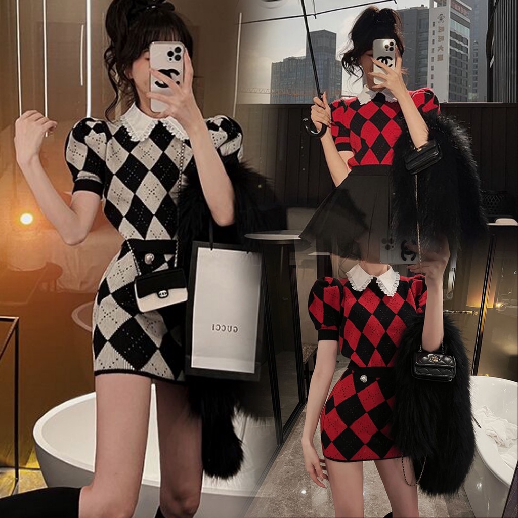 Set đồ SUXI gồm áo dệt kim caro và chân váy ngắn phong cách Hàn Quốc cho nữ