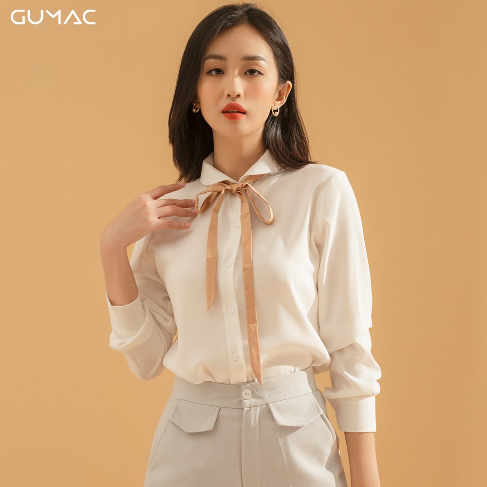 Áo sơ mi phối nơ be AA701 GUMAC