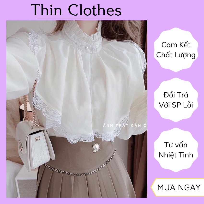 Áo sơ mi nữ kiểu Hàn Quốc bánh bèo tiểu thư đẹp form rộng bigsize cổ ren tay phồng màu trắng be thời trang 437