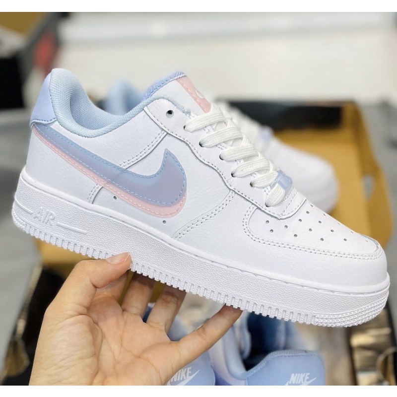 Giày Nike_Air force 1 all white, Giày AF1 LV8 trắng vệt xanh hồng, giày thể thao nam nữ, cổ thấp, đế air tăng chiều cao