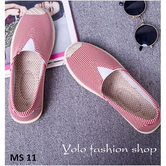 GL2 Giày lười slip on nữ kẻ ngang bọc cói vintage thời trang