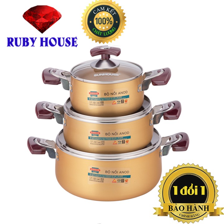 [CHÍNH HÃNG] Bộ nồi Sunhouse màu vàng mã 6634( 3 chiếc) SIÊU DÀY-Ruby House