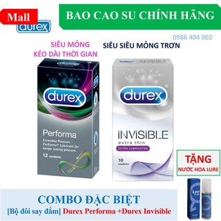 [DUREX CHÍNH HÃNG] Bộ đôi bao cao su siêu mỏng vô hình Durex Invisible + bao cao su kéo dài thời gian Durex Performa *