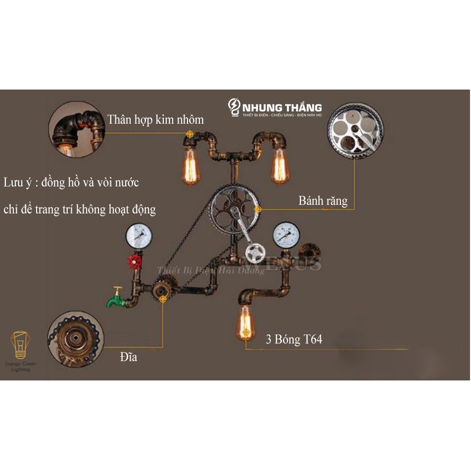Đèn Tường Retro DT-7869 - Hình Ống Nước - Kiểu Dáng Cổ Điển - Tặng Kèm 3 Bóng T64 - Energy Green Lighting - Bảo Hành1Năm