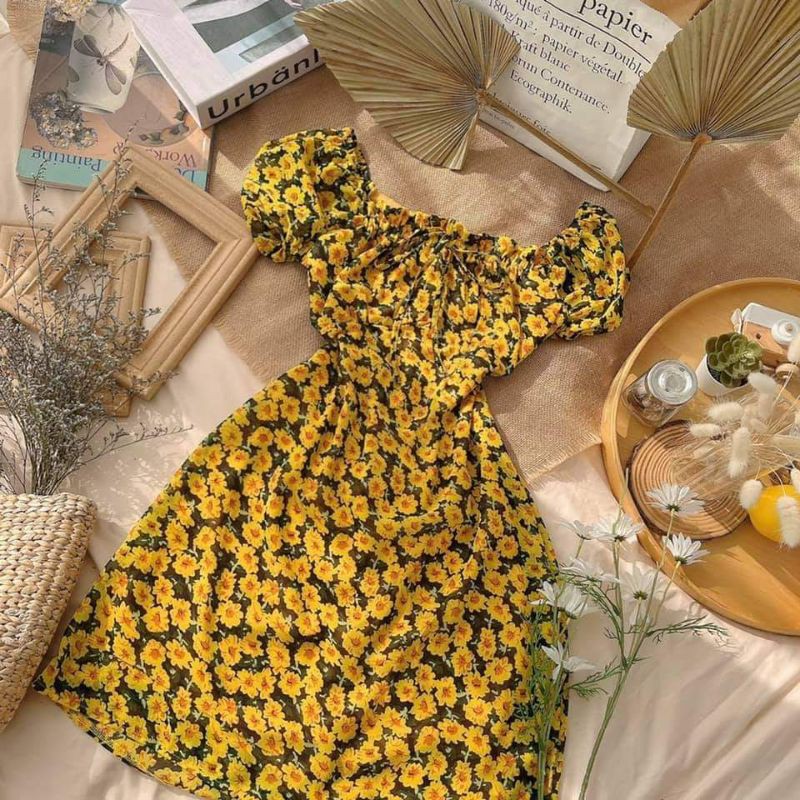 đầm hoa vàng trễ vai basis