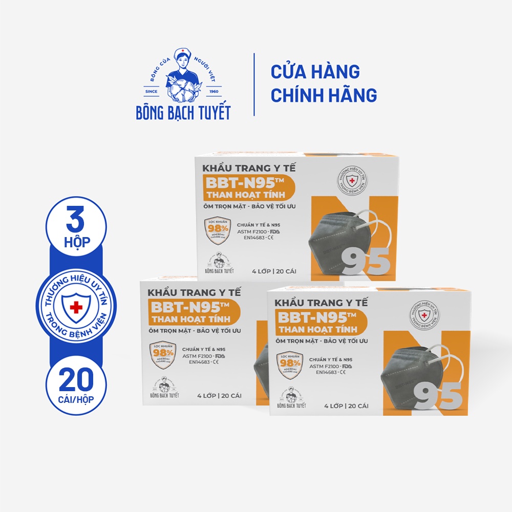 Combo 3 Hộp Khẩu Trang Bông Bạch Tuyết N95 Than Hoạt Tính (20 cái/hộp)