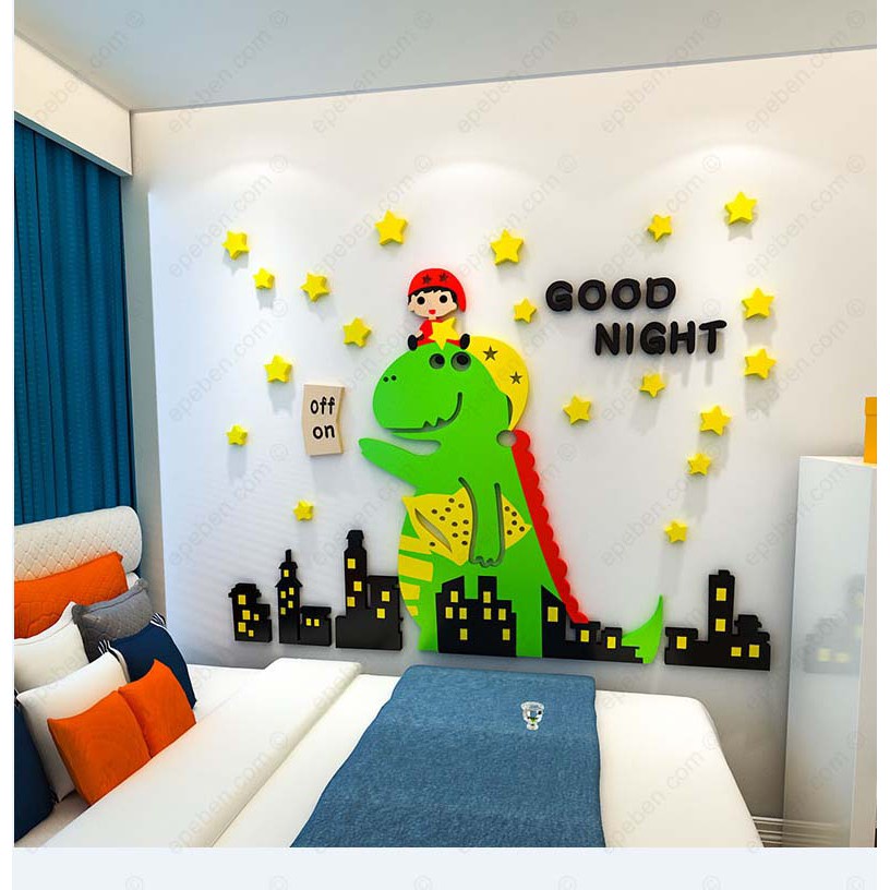 Tranh dán tường mica 3d decor khổ lớn khủng long chúc bé ngủ ngon trang trí mầm non, phòng cho bé Nhiều Size - EPeBen