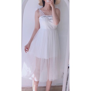 Đầm xoè phối lưới dây váy tự cột
