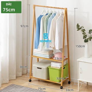 Kệ treo quần áo chữ A 2 tầng bằng gỗ tre cao cấp có bánh xe