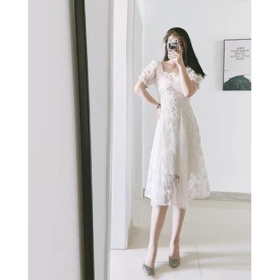 M176 - Váy công chúa Ulzzang thêu hoa cổ vuông xoắn ngực đính hạt siêu xinh