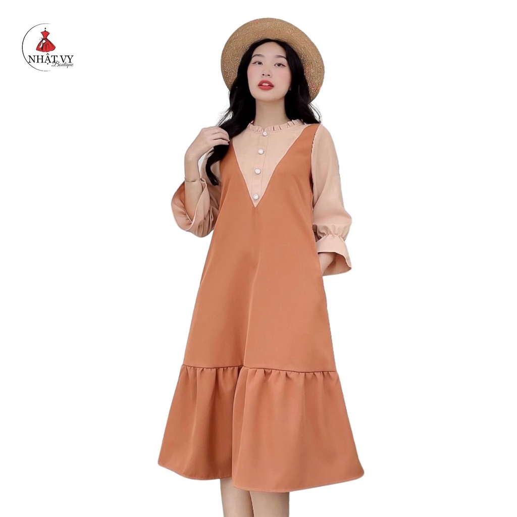 Đầm công sở Nhật Vy tay dài cổ tròn đính cúc dáng suông đuôi cá chất kaki thun phù hợp đi chơi dạo phố - D2224