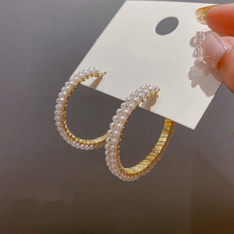 Bông tai khuyên tai vòng tròn đính châu sang chảnh