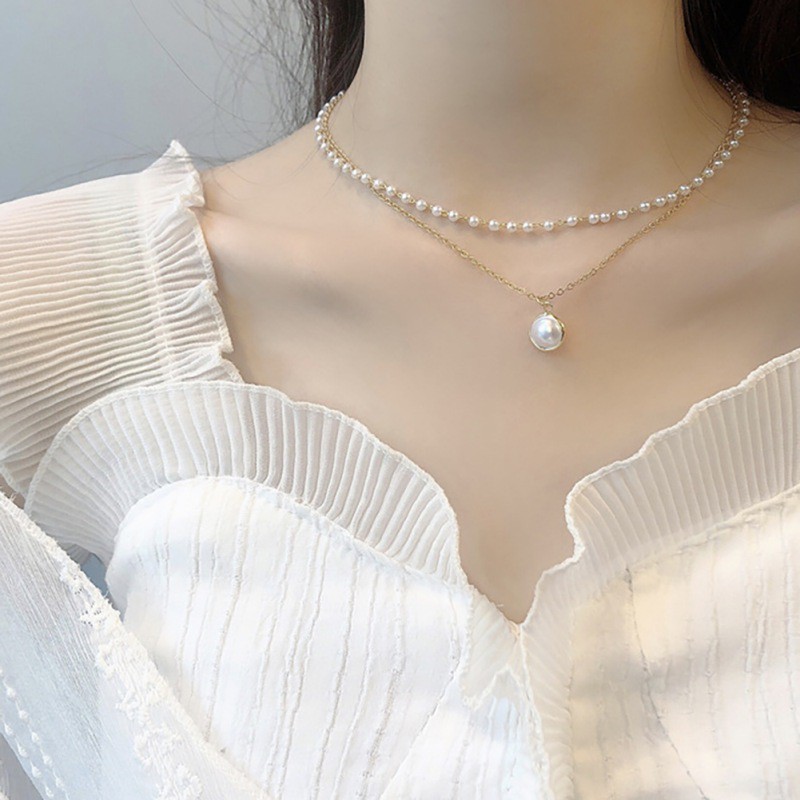 Vòng Cổ Choker Hai Sợi Đính Ngọc Trai Nhân Tạo Thời Trang Dành Cho Nữ