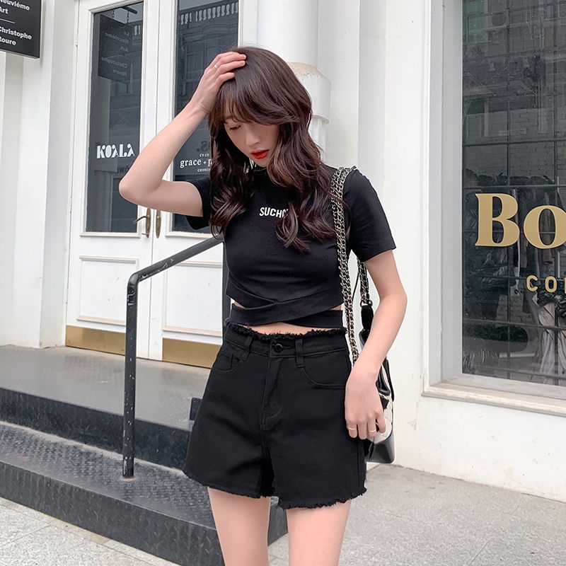 Quần short jean RENJIANVSHENG lưng cao thời trang Hàn Quốc cho nữ
