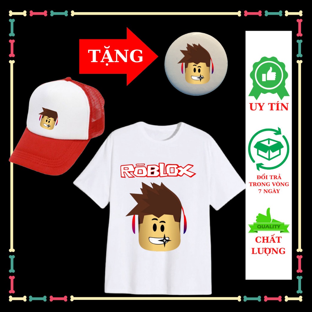 Áo thun Roblox trẻ em, vải chất, đủ màu sắc, đủ size áo kèm Mũ trẻ em, kèm huy hiệu dễ thương.