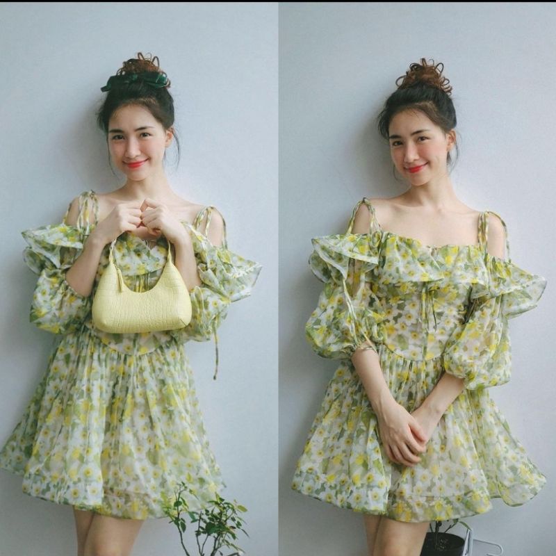 Đầm babydoll xanh/hồng hoa bèo rớt vai DearJose Hòa Minzy