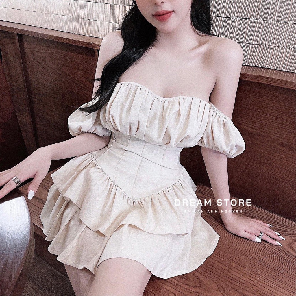 [YLYDRESS] Set áo trễ vai cúp ngực mix quần váy đũi cực xinh - set đồ nữ hot girl freesize dáng ôm tôn dáng