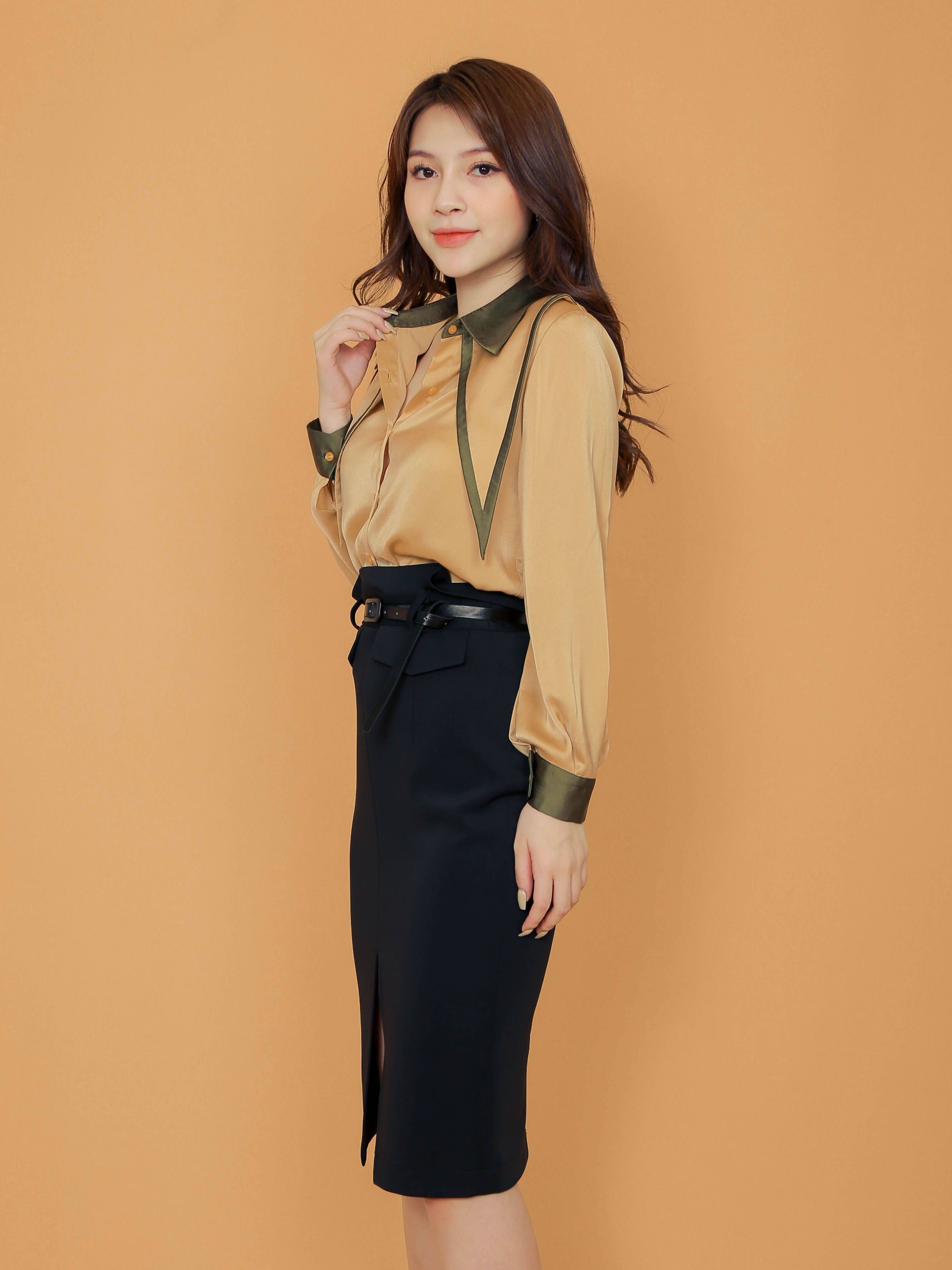 Áo kiểu nữ Vàng họa tiết Viền Xanh form công sở thanh lịch Liin Clothing SM3043