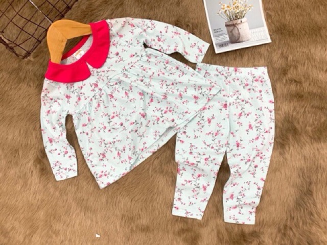 {10-25kg} Bộ cotton dài tay kiểu bánh bèo cho bé gái size nhí