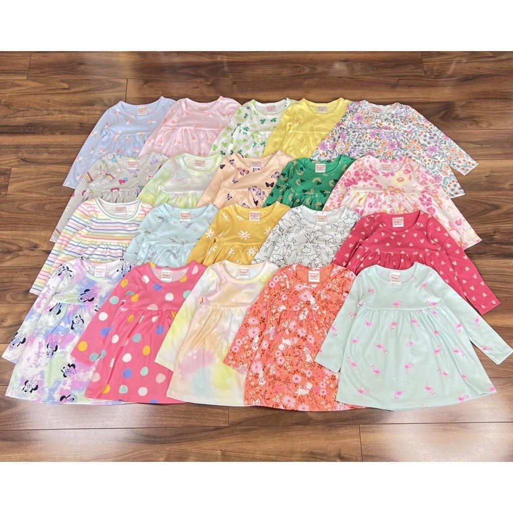 Váy dài tay thu đông cho bé gái, đầm dài tay cho bé chất cotton mềm mịn đủ size 6-18kg