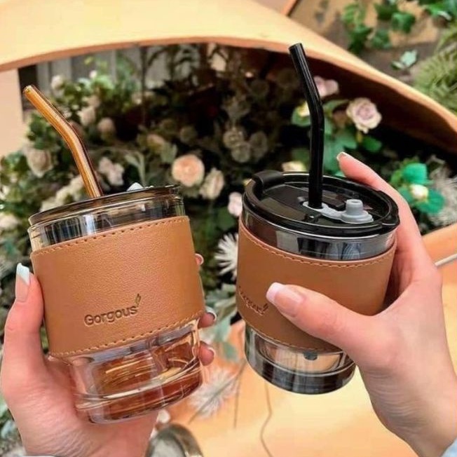 Ly thủy tinh bọc da - cốc pha trà cafe văn phòng 450ml