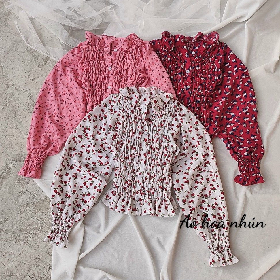 áo hoa xinh xắn hàng nút nhúm nhúm cổ cao bèo xinh