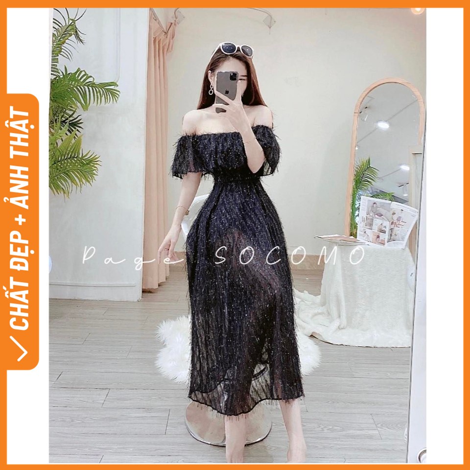 Váy trễ vai lông 2 màu trắng đen phom ôm tôn dáng hack chân cực xinh - Váy đầm nữ dáng body hở vai Socomo V892022