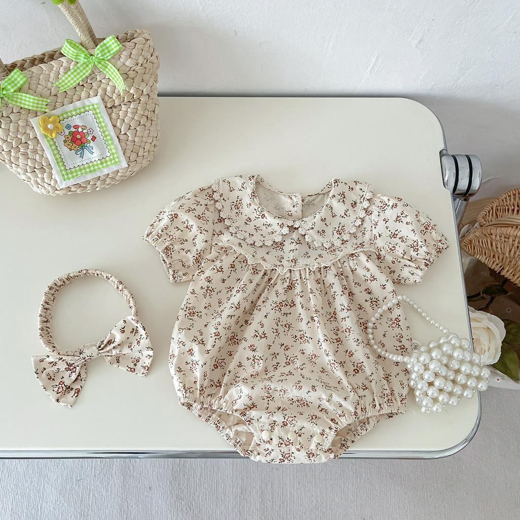 Áo Liền Quần Tam Giác Tay Phồng Họa Tiết Hoa Mùa Hè Cho Bé Gái