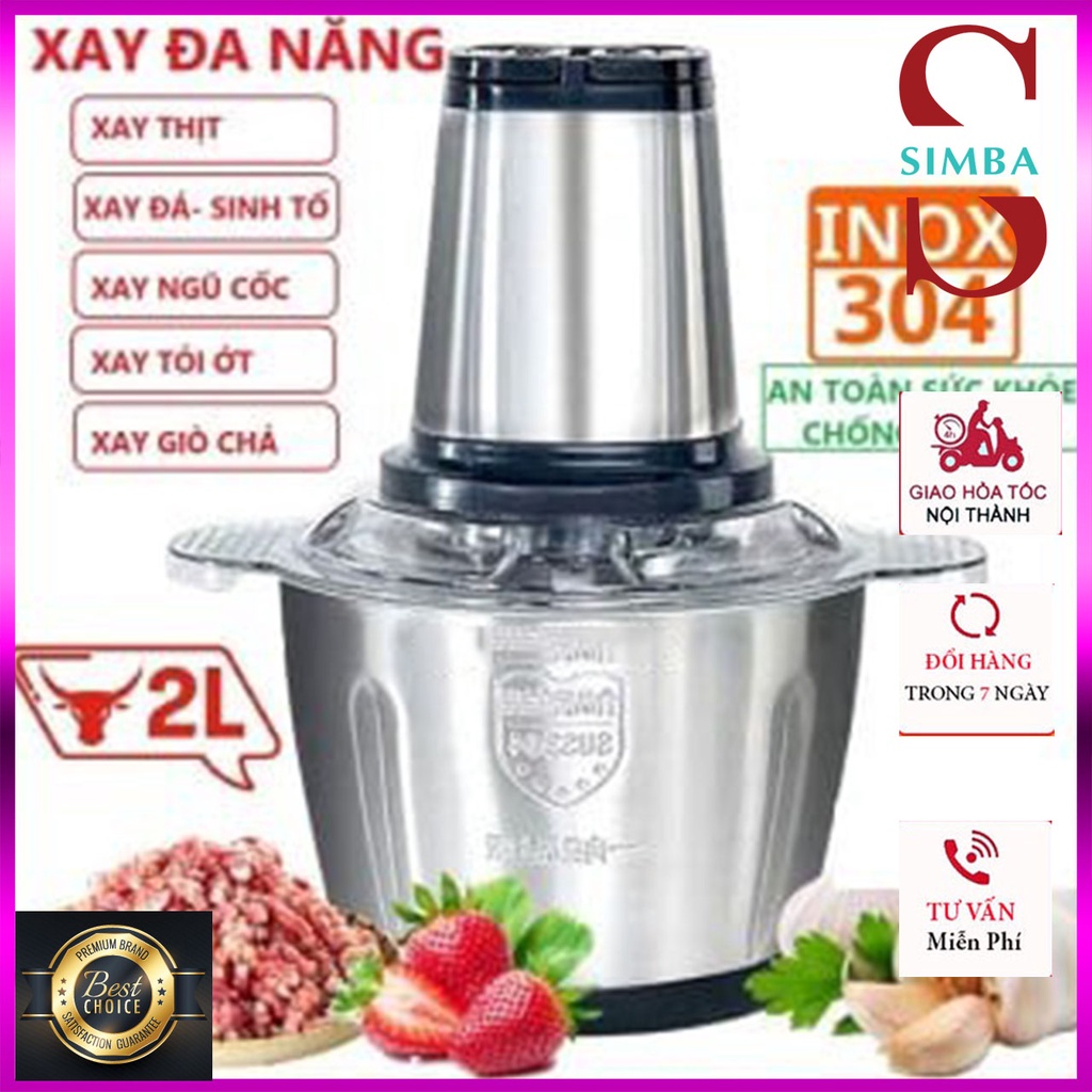 Máy xay thịt cá giò chả - Máy xay thực phẩm - Cối xay thịt Inox Đa Năng Dao 4 Lưỡi cối 2 lít BH 1 Năm