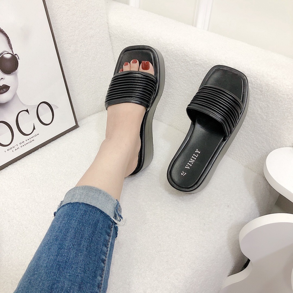 Dép nữ đế xuồng quai ngang kiểu dập ly đế bọc da cao 7P mẫu mới siêu Hot chất da mềm đi êm chân siêu tôn dáng