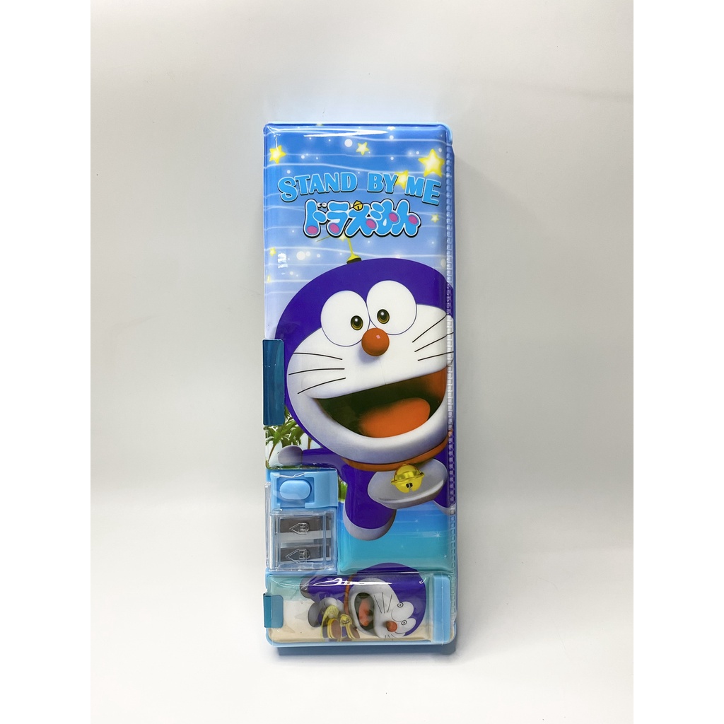 Hộp Bút cho bé - Bóp viết đựng bút nhựa - Bóp Hít Hình Doraemon 2 ngăn kèm đồ gọt bút chì