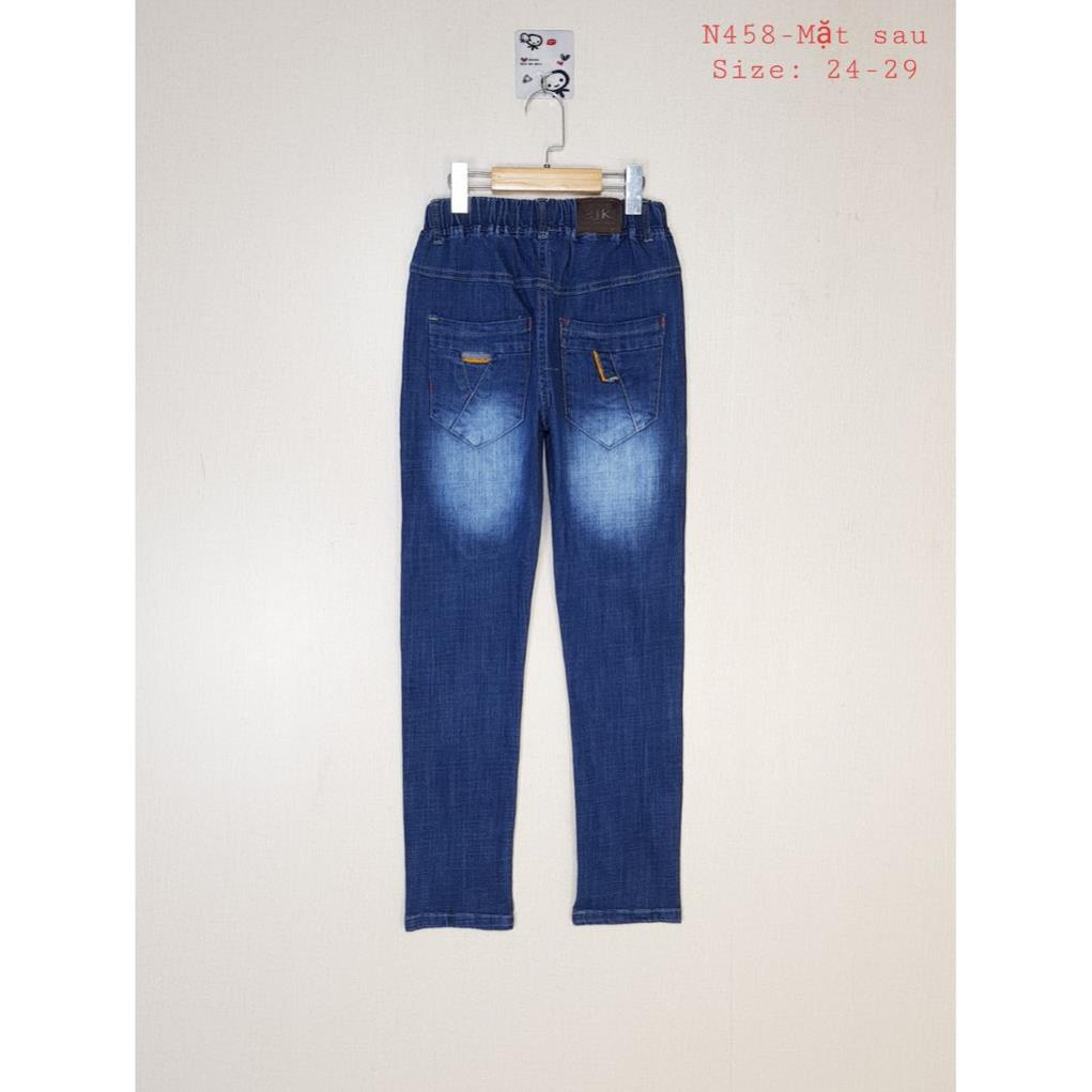 N458-M3 - Quần jean bé trai , dài xuông , giãn , 1 lớp , đính cúc , màu xanh , size bự 24t-29t