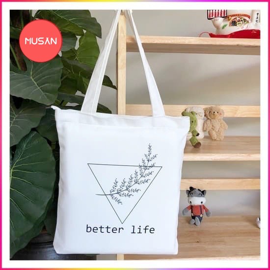 Túi tote vải canvas có khoá miệng in butter life cành hoa lá đơn giản dễ phối đồ